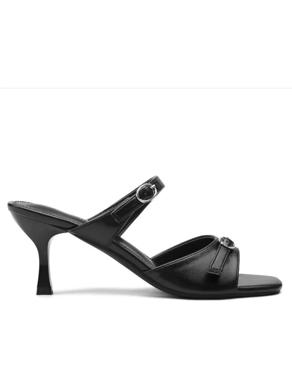 Women's Black Square Open Toe Low Kitten Heel Buckle Strap Casual Comfort Sandal
